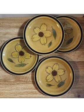 4- Stoneware Salad Plates Neutral Floral Retro Designer's Collection 70s 80s